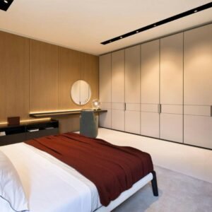 Linea mirrored wardrobe in a warm minimalist bedroom